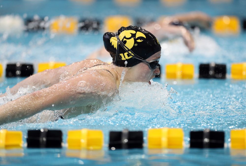 IowaÕs Kelsey Drake swims the 200 yard butterfly against the Michigan Wolverines Friday, November 1, 2019 at the Campus Recreation and Wellness Center. (Brian Ray/hawkeyesports.com)