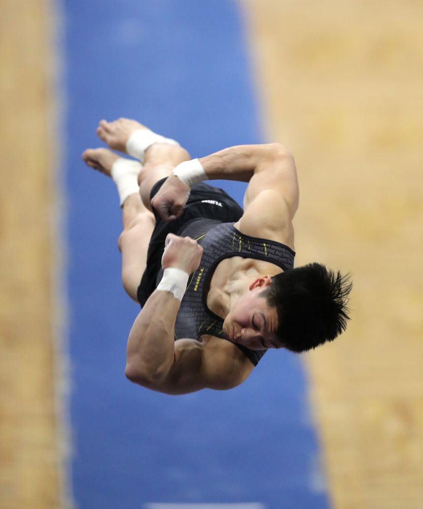 Iowa's Bennet Huang competes on the vault against Oklahoma Saturday, February 9, 2019 at Carver-Hawkeye Arena. (Brian Ray/hawkeyesports.com)
