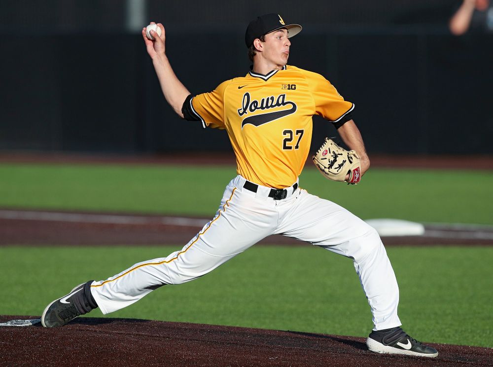 Iowa Hawkeyes pitcher Jason Foster (27) delivers to the plate during the seventh inning of their game against Northern Illinois at Duane Banks Field in Iowa City on Tuesday, Apr. 16, 2019. (Stephen Mally/hawkeyesports.com)