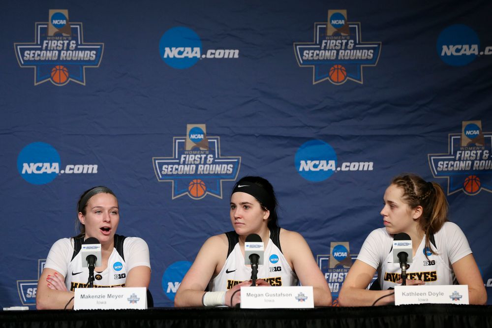 Iowa Hawkeyes guard Makenzie Meyer (3), center Megan Gustafson (10), and guard Kathleen Doyle (22) during a press conference after winning their second round game in the 2019 NCAA Women's Basketball Tournament at Carver Hawkeye Arena in Iowa City on Sunday, Mar. 24, 2019. (Stephen Mally for hawkeyesports.com)
