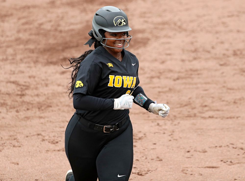 Iowa DoniRae Mayhew (24) rounds the bases after hitting a 2-run home run during the fourth inning of their game against Iowa Softball vs Indian Hills Community College at Pearl Field in Iowa City on Sunday, Oct 6, 2019. (Stephen Mally/hawkeyesports.com)