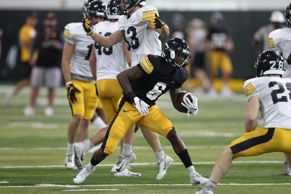 Iowa Hawkeyes wide receiver Ihmir Smith-Marsette (6) During Fall Camp Practice No. 6 Thursday, August 8, 2019 at the Ronald D. and Margaret L. Kenyon Football Practice Facility. (Brian Ray/hawkeyesports.com)