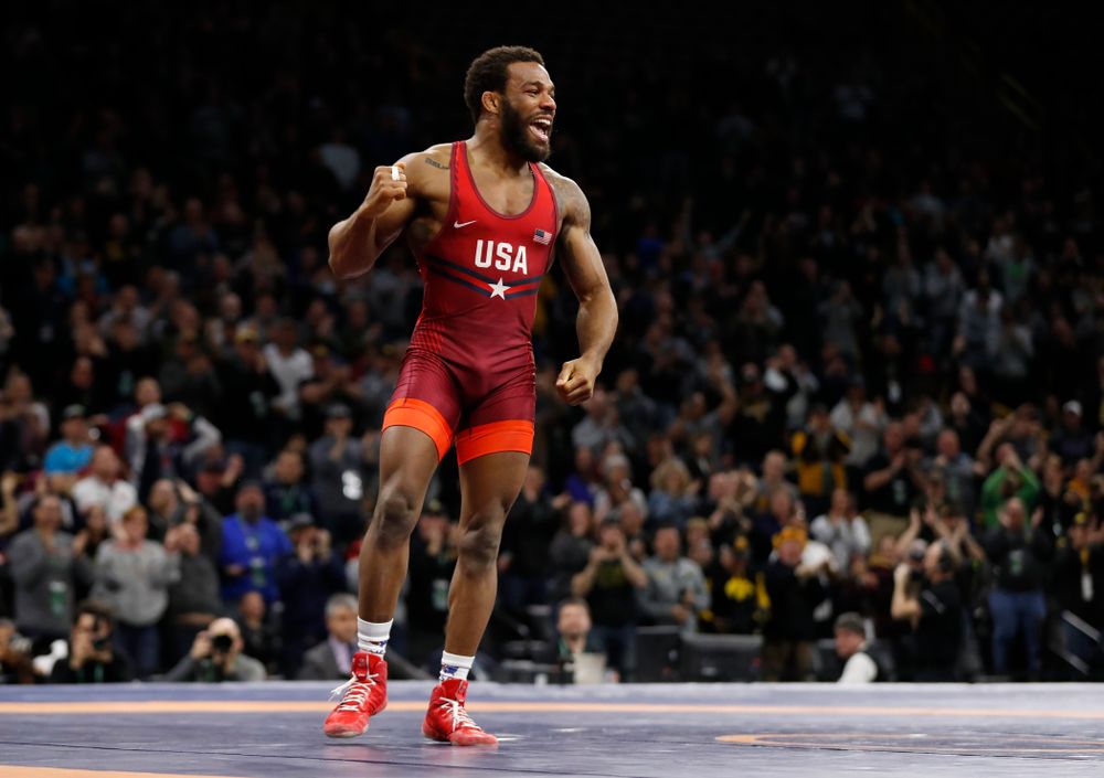 Jordan Burroughs during the gold medal match of the United World Wrestling Freestyle World Cup against Azerbaijan Sunday, April 8, 2018 at Carver-Hawkeye Arena. (Brian Ray/hawkeyesports.com)