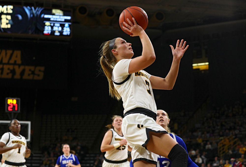 Iowa Hawkeyes guard Makenzie Meyer (3) scores a basket during the second quarter of their game at Carver-Hawkeye Arena in Iowa City on Saturday, December 21, 2019. (Stephen Mally/hawkeyesports.com)