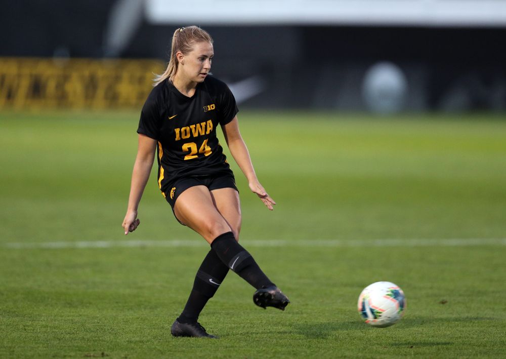 Iowa Hawkeyes defender Sara Wheaton (24) during a 2-1 victory over the Iowa State Cyclones Thursday, August 29, 2019 in the Iowa Corn Cy-Hawk series at the Iowa Soccer Complex. (Brian Ray/hawkeyesports.com)