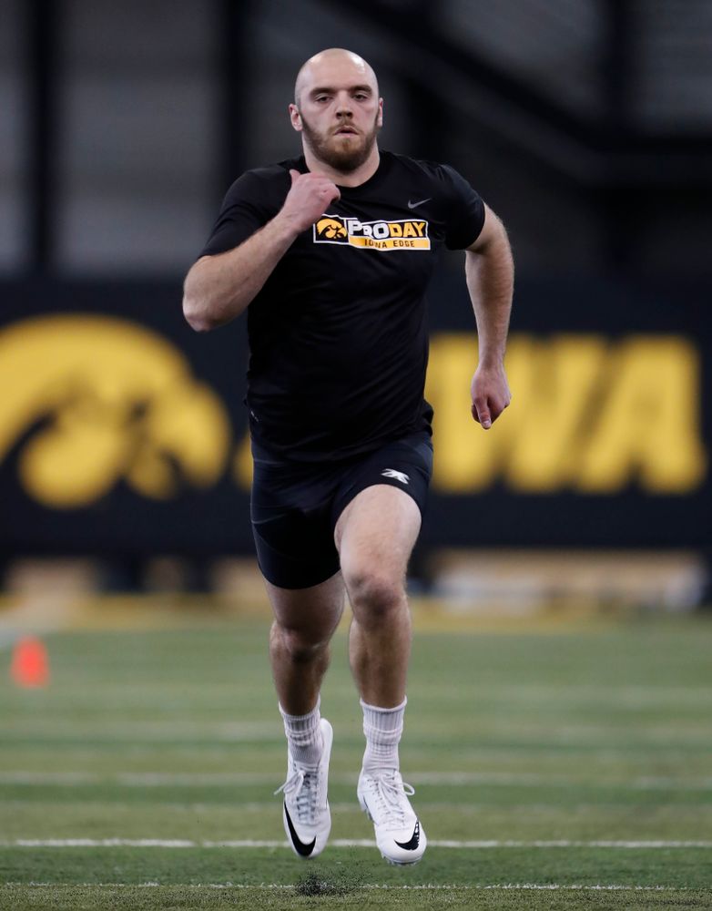 Iowa Hawkeyes linebacker Bo Bower (41) during the team's annual pro day Monday, March 26, 2018 at the Hansen Football Performance Center. (Brian Ray/hawkeyesports.com)