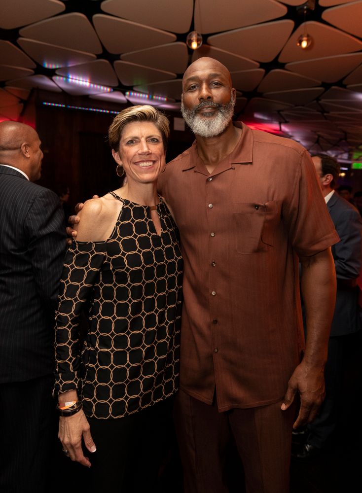 Iowa Hawkeyes associate head coach Jan Jensen with NBA great Karl Malone before the ESPN College Basketball Awards show Friday, April 12, 2019 at The Novo at LA Live.  (Brian Ray/hawkeyesports.com)