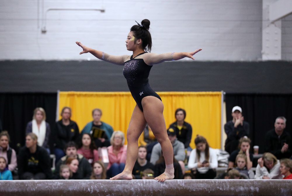 Clair Kaji competes on the beam during the Black and Gold intrasquad meet Saturday, December 1, 2018 at the University of Iowa Field House. (Brian Ray/hawkeyesports.com)