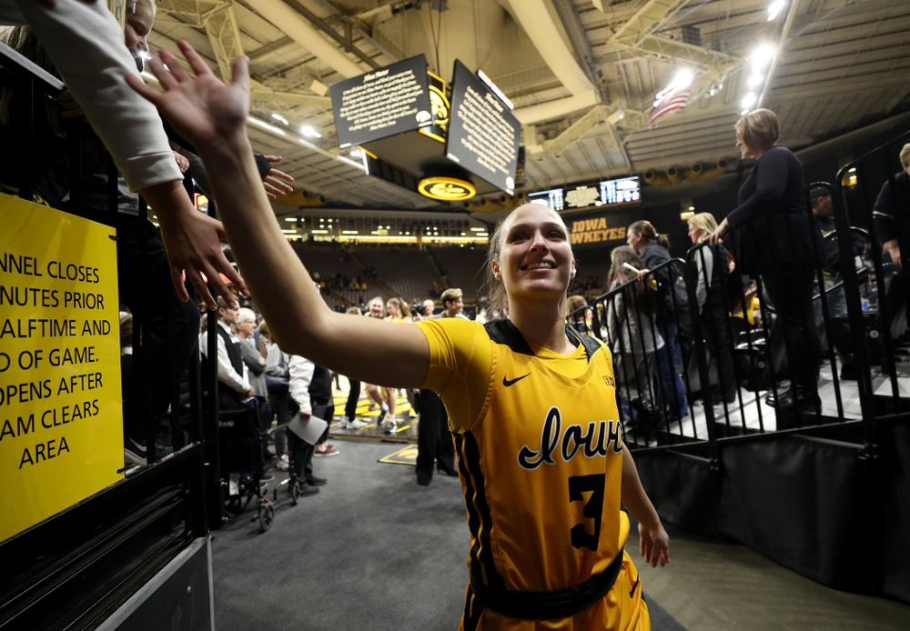 Iowa Hawkeyes guard Makenzie Meyer (3) during senior day activities following their win over the Minnesota Golden Gophers Thursday, February 27, 2020 at Carver-Hawkeye Arena. (Brian Ray/hawkeyesports.com)
