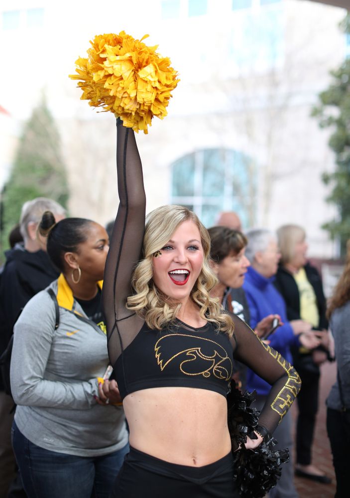 The Iowa Dance Team during a send off at the hotel before their game against the NC State Wolfpack in the regional semi-final of the 2019 NCAA Women's College Basketball Tournament Saturday, March 30, 2019 at Greensboro Coliseum in Greensboro, NC.(Brian Ray/hawkeyesports.com)