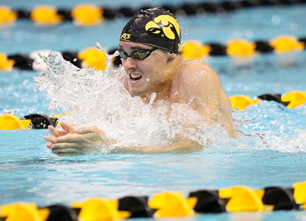 Iowa’s Daniel Swanepoel swims the men’s 200-yard breaststroke event during their meet against Michigan State and Northern Iowa at the Campus Recreation and Wellness Center in Iowa City on Friday, Oct 4, 2019. (Stephen Mally/hawkeyesports.com)
