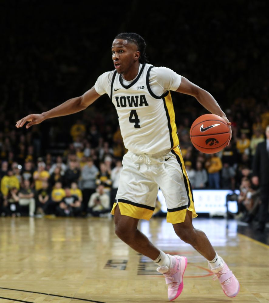 Iowa Hawkeyes guard Bakari Evelyn (4) against the Purdue Boilermakers Tuesday, March 3, 2020 at Carver-Hawkeye Arena. (Brian Ray/hawkeyesports.com)