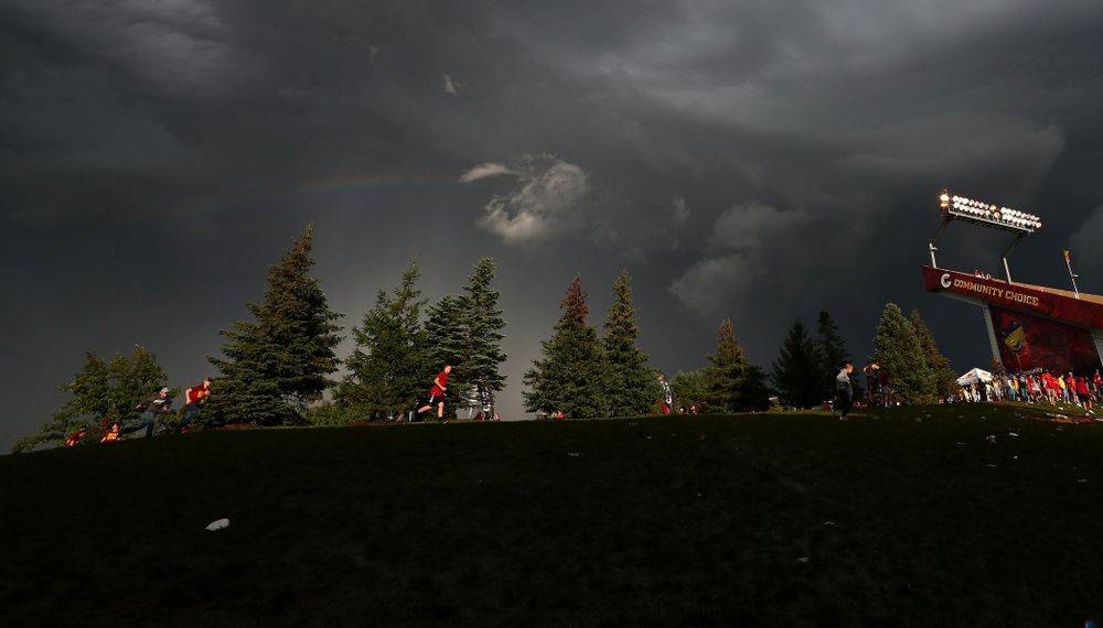 The sky begins to clear over Jack Trice Stadium during a weather delay in the Iowa Hawkeyes game against the Iowa State Cyclones Saturday, September 14, 2019 in Ames, Iowa. (Brian Ray/hawkeyesports.com)