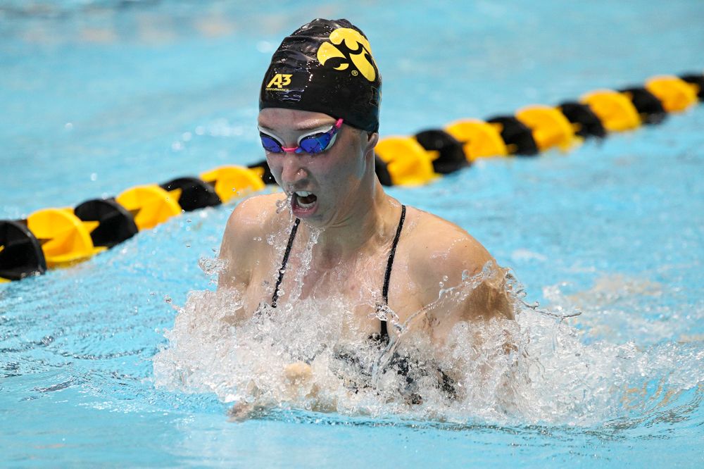 Iowa’s Zoe Mekus swims the women’s 200-yard breaststroke event during their meet against Michigan State and Northern Iowa at the Campus Recreation and Wellness Center in Iowa City on Friday, Oct 4, 2019. (Stephen Mally/hawkeyesports.com)
