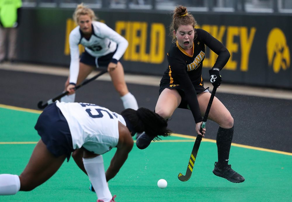 Iowa Hawkeyes midfielder Meghan Conroy (5) defends during a game against No. 6 Penn State at Grant Field on October 12, 2018. (Tork Mason/hawkeyesports.com)