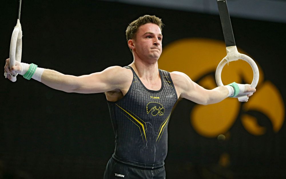 Iowa's Jake Brodarzon competes in the rings against Ohio State at Caver-Hawkeye Arena in Iowa City on Saturday, Mar. 16, 2019. (Stephen Mally for HawkeyeSports.com)