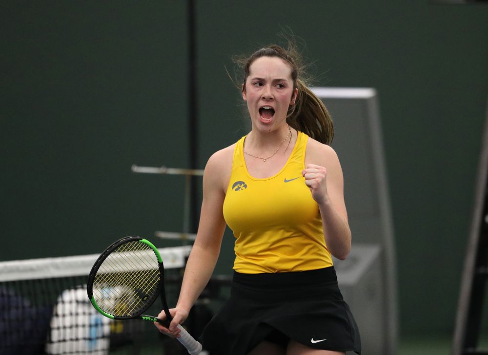 Iowa's Sam Mannix plays a doubles match against Xavier Friday, January 18, 2019 at the Hawkeye Tennis and Recreation Center. (Brian Ray/hawkeyesports.com)