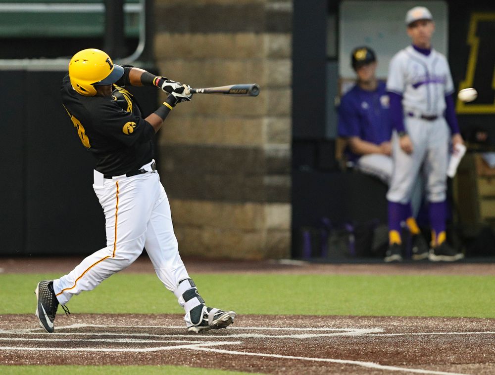 Iowa Hawkeyes first baseman Izaya Fullard (20) drives in a run with a hit during the fourth inning of their game against Western Illinois at Duane Banks Field in Iowa City on Wednesday, May. 1, 2019. (Stephen Mally/hawkeyesports.com)
