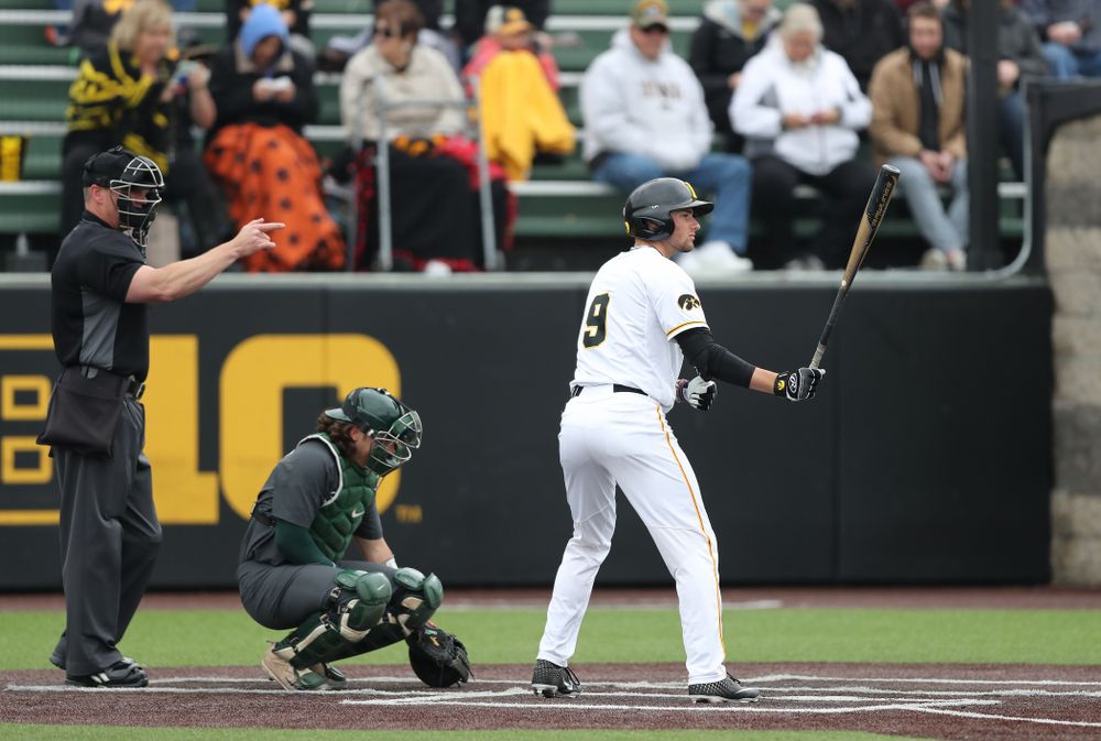 Iowa Hawkeyes outfielder Ben Norman (9) against Michigan State Sunday, May 12, 2019 at Duane Banks Field. (Brian Ray/hawkeyesports.com)