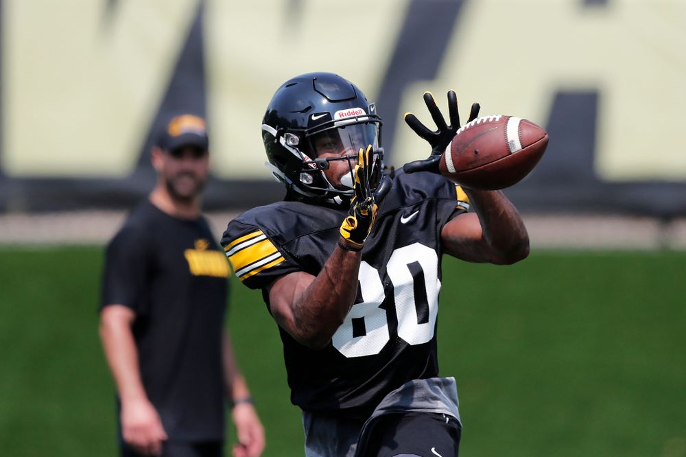 Iowa Hawkeyes wide receiver Devonte Young (80) during fall camp practice No. 9 Friday, August 10, 2018 at the Kenyon Practice Facility. (Brian Ray/hawkeyesports.com)