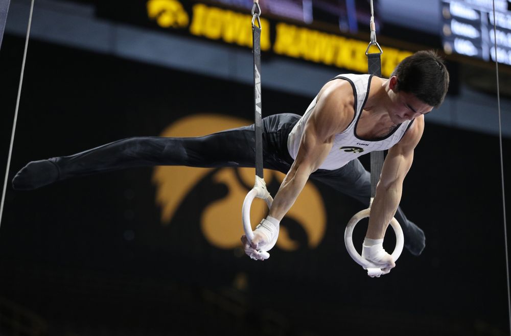 Iowa's Addison Chung competes on the rings against UIC and Minnesota Saturday, February 2, 2019 at Carver-Hawkeye Arena. (Brian Ray/hawkeyesports.com)
