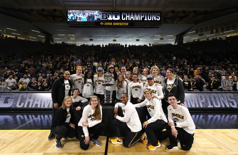 The Iowa Hawkeyes during a celebration of their Big Ten Women's Basketball Tournament championship Monday, March 18, 2019 at Carver-Hawkeye Arena. (Brian Ray/hawkeyesports.com)