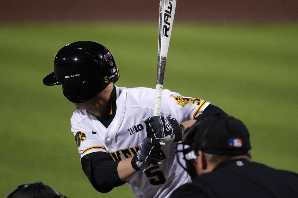 Iowa outfielder Zeb Adreon  at game 1 vs Rutgers on Friday, April 5, 2019 at Duane Banks Field. (Lily Smith/hawkeyesports.com)