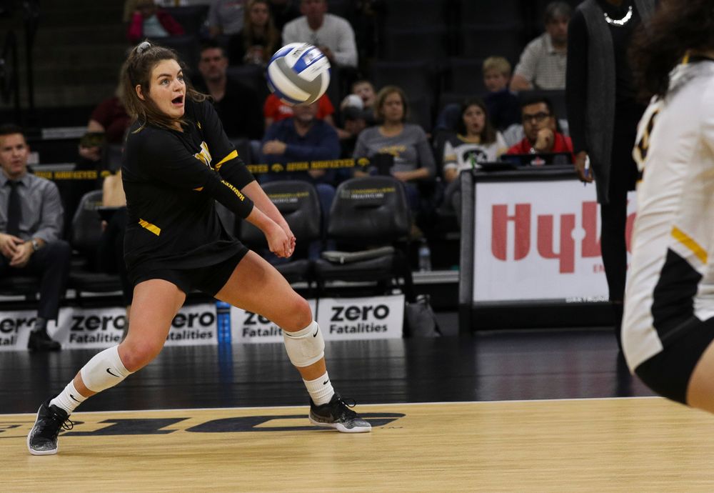 Iowa Hawkeyes defensive specialist Molly Kelly (1) bumps the ball during a match against Rutgers at Carver-Hawkeye Arena on November 2, 2018. (Tork Mason/hawkeyesports.com)