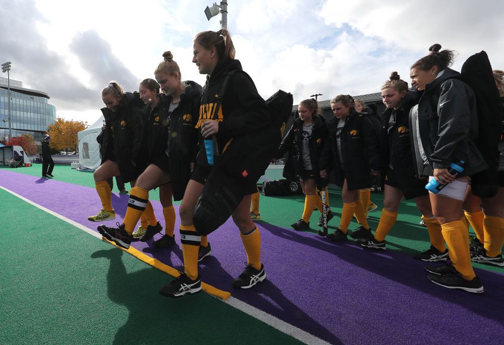 The juniors cross the line before their game against the Michigan Wolverines in the semi-finals of the Big Ten Tournament Friday, November 2, 2018 at Lakeside Field on the campus of Northwestern University in Evanston, Ill. (Brian Ray/hawkeyesports.com)