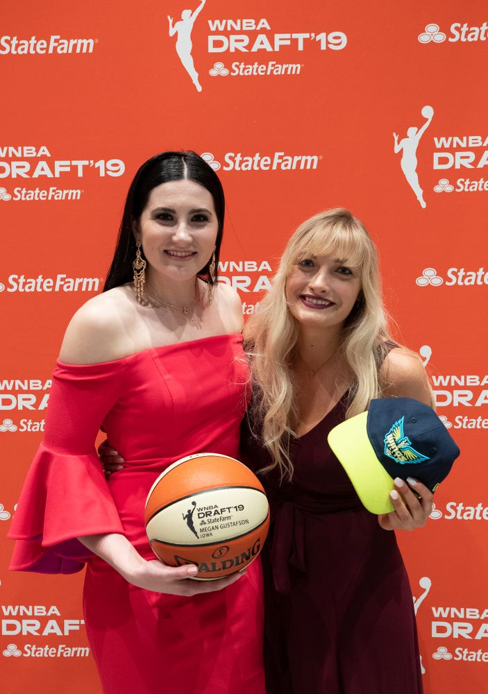 Iowa Hawkeyes forward Megan Gustafson (10) with her sister Emily after being selected by the Dallas Wings in the second round of the 2019 WNBA Draft Wednesday, April 10, 2019 at Nike New York Headquarters in New York City. (Brian Ray/hawkeyesports.com)