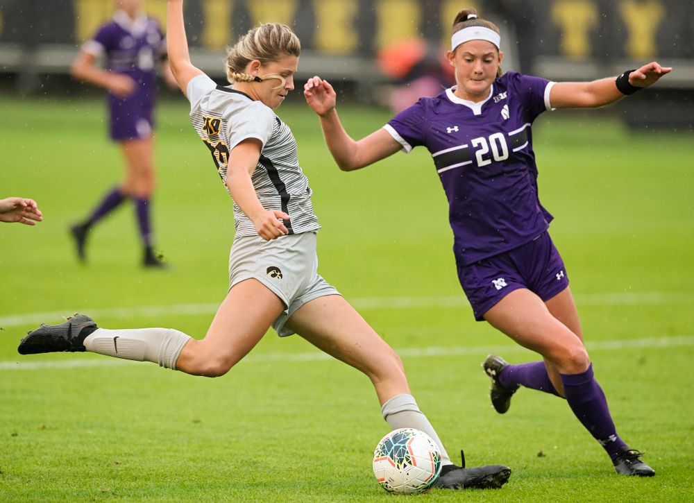 Iowa forward Gianna Gourley (32) lines up a shot during the first half of their match at the Iowa Soccer Complex in Iowa City on Sunday, Sep 29, 2019. (Stephen Mally/hawkeyesports.com)
