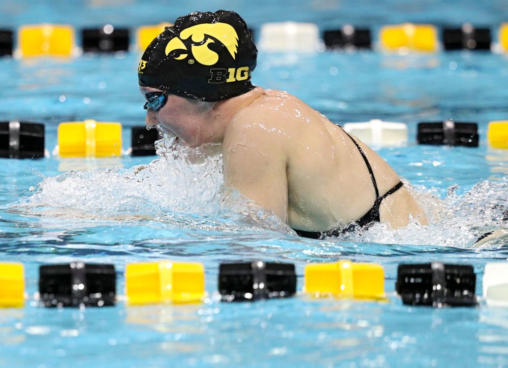 Iowa’s Allyssa Fluit swims the breaststroke section of the 100-yard individual medley event during their meet against Michigan State at the Campus Recreation and Wellness Center in Iowa City on Thursday, Oct 3, 2019. (Stephen Mally/hawkeyesports.com)