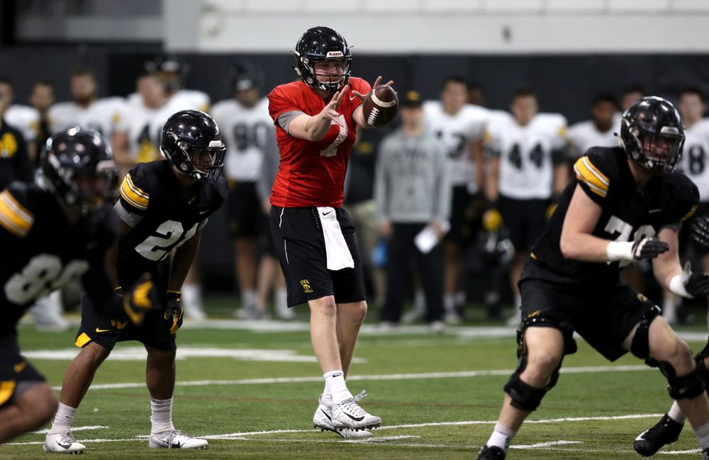 Iowa Hawkeyes quarterback Spencer Petras (7) during practice Wednesday, December 12, 2018 at the Hansen Football Performance Center in preparation for the Outback Bowl game against Mississippi State. (Brian Ray/hawkeyesports.com)