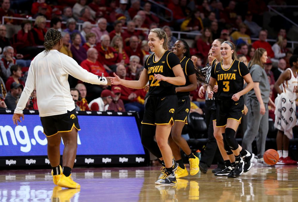 Iowa Hawkeyes guard Kathleen Doyle (22) and guard Zion Sanders (21) against the Iowa State Cyclones Wednesday, December 11, 2019 at Hilton Coliseum in Ames, Iowa(Brian Ray/hawkeyesports.com)