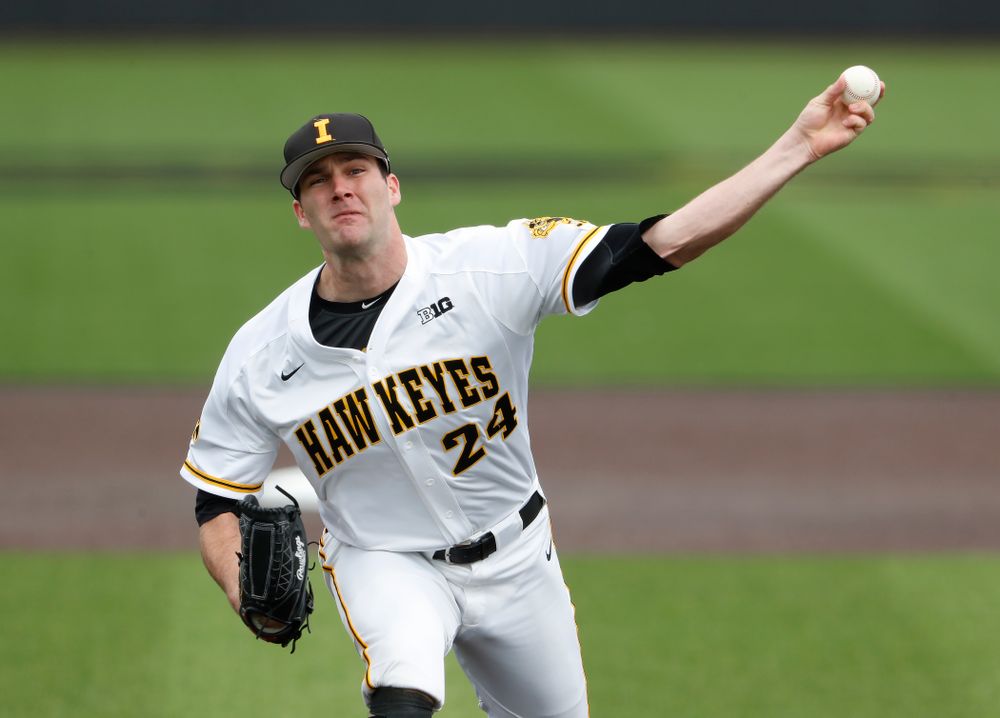 Iowa Hawkeyes pitcher Nick Allgeyer (24) during a double header against the Indiana Hoosiers Friday, March 23, 2018 at Duane Banks Field. (Brian Ray/hawkeyesports.com)