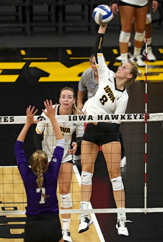 Iowa’s Kyndra Hansen (8) puts up a shot during their Big Ten/Pac-12 Challenge match at Carver-Hawkeye Arena in Iowa City on Saturday, Sep 7, 2019. (Stephen Mally/hawkeyesports.com)