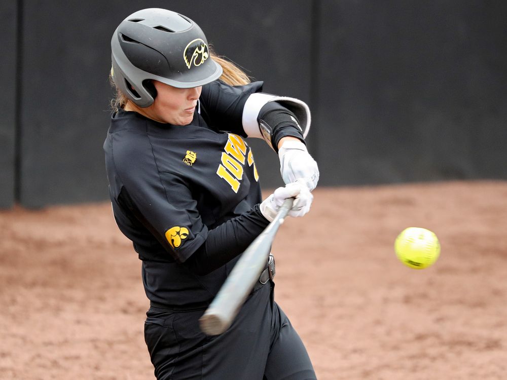 Iowa’s Miranda Schulte (20) bats during the fourth inning of their game against Iowa Softball vs Indian Hills Community College at Pearl Field in Iowa City on Sunday, Oct 6, 2019. (Stephen Mally/hawkeyesports.com)