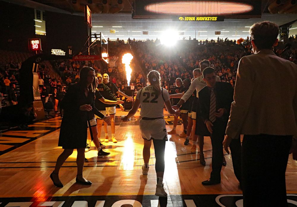 Iowa Hawkeyes guard Kathleen Doyle (22) is introduced before their game at Carver-Hawkeye Arena in Iowa City on Tuesday, December 31, 2019. (Stephen Mally/hawkeyesports.com)