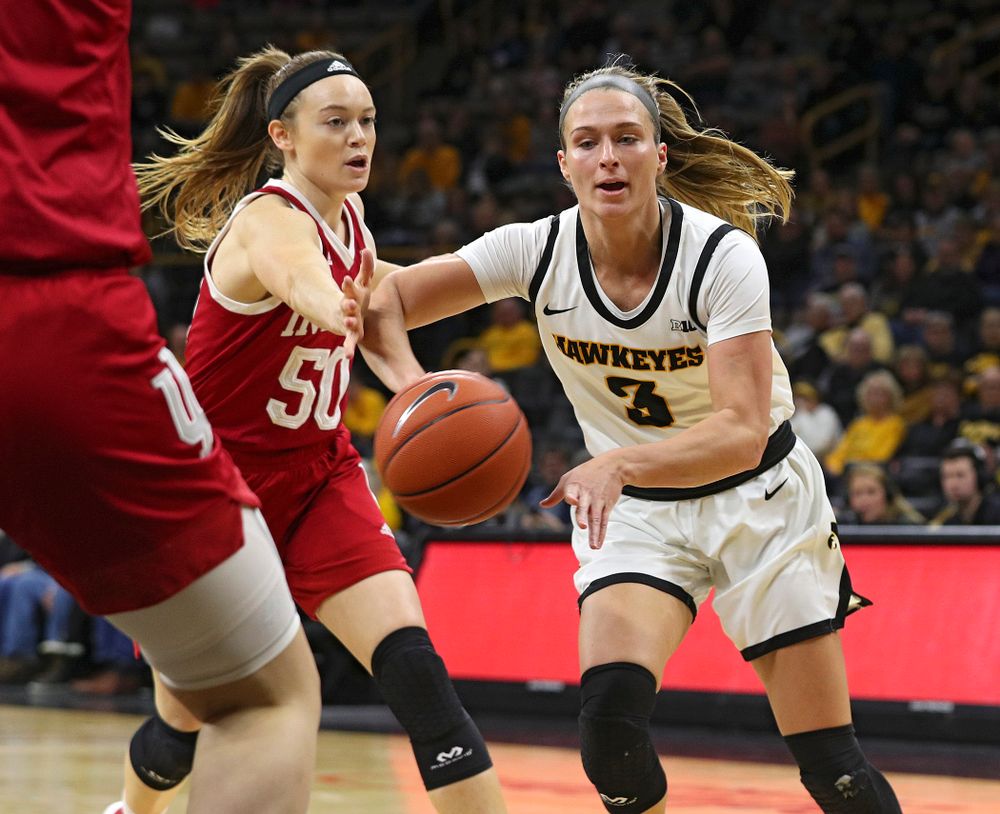 Iowa Hawkeyes guard Makenzie Meyer (3) passes the ball during the first quarter of their game at Carver-Hawkeye Arena in Iowa City on Sunday, January 12, 2020. (Stephen Mally/hawkeyesports.com)