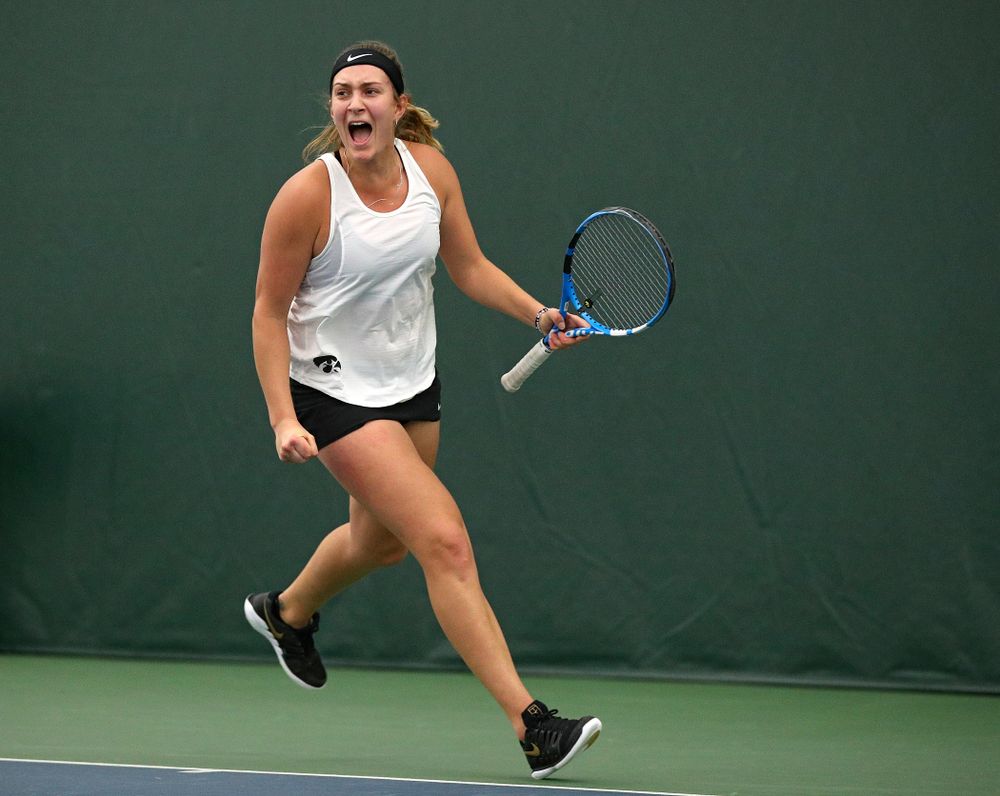 Iowa’s Ashleigh Jacobs celebrates a point during her doubles match at the Hawkeye Tennis and Recreation Complex in Iowa City on Sunday, February 23, 2020. (Stephen Mally/hawkeyesports.com)