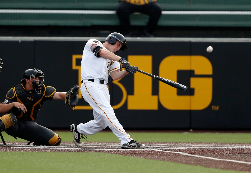 Iowa Hawkeyes outfielder Robert Neustrom (44) hits a home run against the Missouri Tigers Tuesday, May 1, 2018 at Duane Banks Field. (Brian Ray/hawkeyesports.com)
