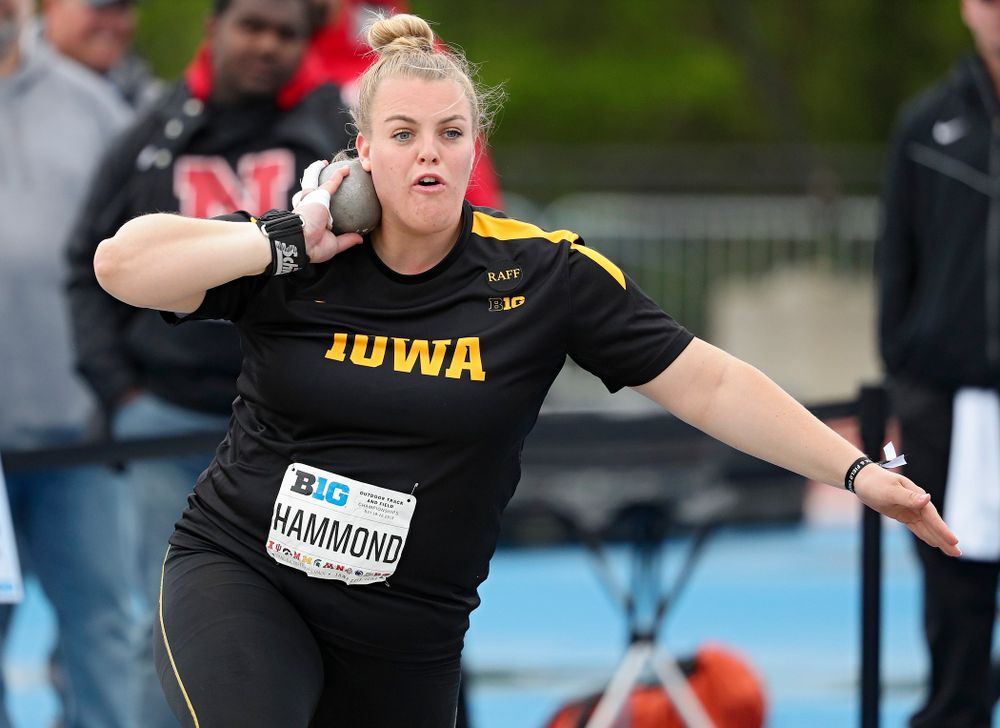 Iowa's Erika Hammond throws in the women’s shot put event on the second day of the Big Ten Outdoor Track and Field Championships at Francis X. Cretzmeyer Track in Iowa City on Saturday, May. 11, 2019. (Stephen Mally/hawkeyesports.com)