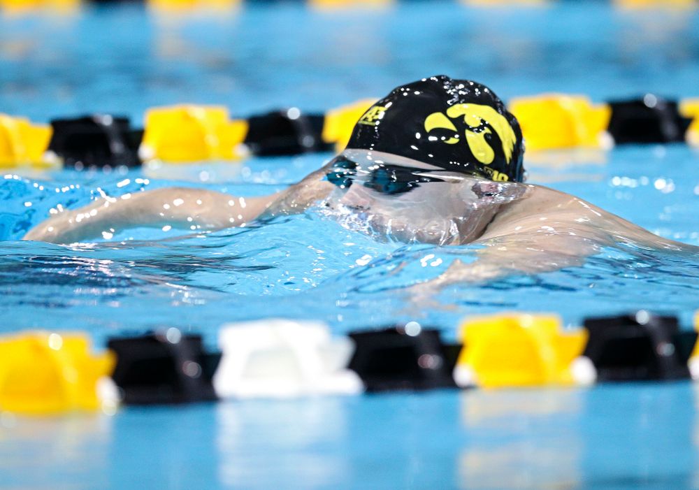 Iowa’s William Myhre swims the breaststroke section in the men’s 400 yard medley relay event during their meet at the Campus Recreation and Wellness Center in Iowa City on Friday, February 7, 2020. (Stephen Mally/hawkeyesports.com)