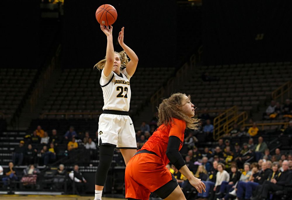 Iowa guard Kathleen Doyle (22) scores a basket during the second quarter of their overtime win against Princeton at Carver-Hawkeye Arena in Iowa City on Wednesday, Nov 20, 2019. (Stephen Mally/hawkeyesports.com)