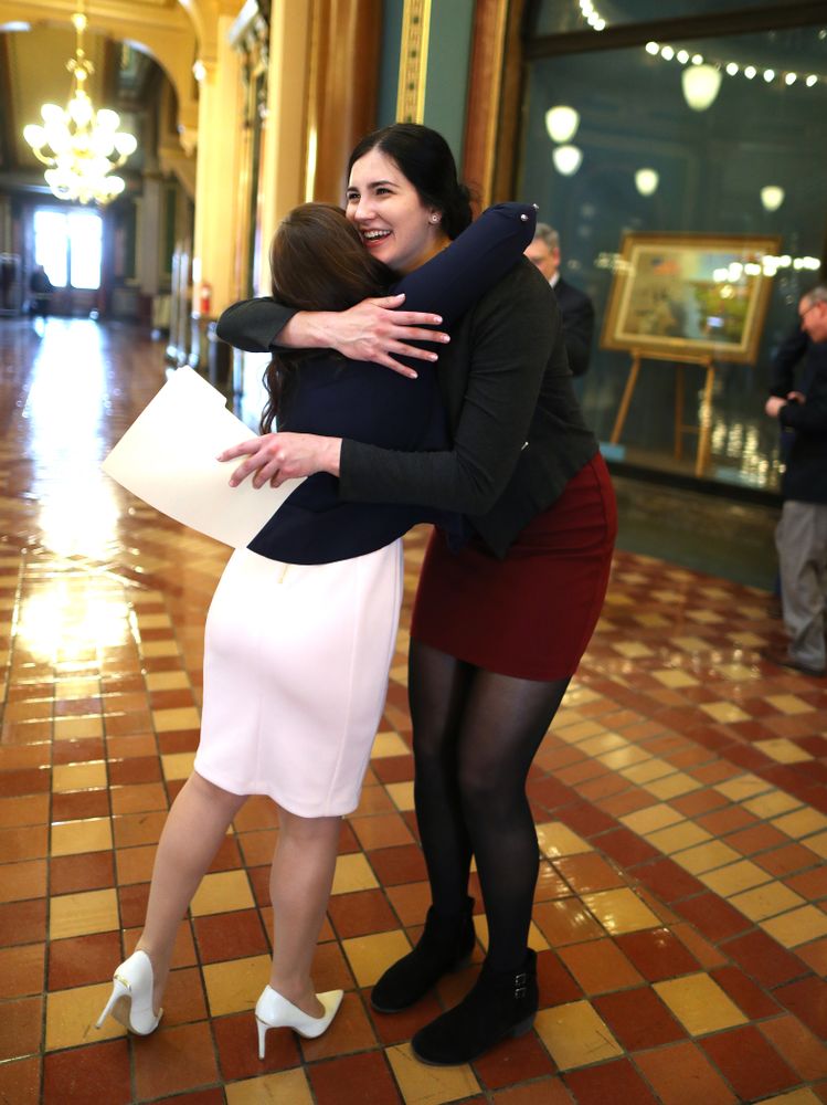 IowaÕs Megan Gustafson meets U.S. Representative Abby Finkenauer in the rotunda at the Iowa State Capitol Wednesday, April 24, 2019 in Des Moines. (Brian Ray/hawkeyesports.com)