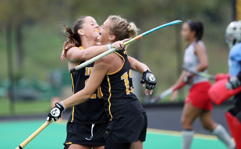 Iowa Hawkeyes forward Leah Zellner (13) celebrates with Sophie Sunderland (20) after scoring her second goal during a 2-1 victory against the Ohio State Buckeyes Friday, September 27, 2019 at Grant Field. (Brian Ray/hawkeyesports.com)