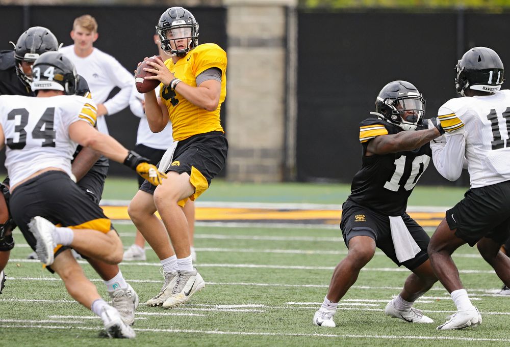 Iowa Hawkeyes quarterback Nate Stanley (4) looks to throw during Fall Camp Practice No. 15 at the Hansen Football Performance Center in Iowa City on Monday, Aug 19, 2019. (Stephen Mally/hawkeyesports.com)