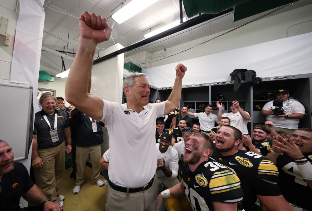 Iowa Hawkeyes head coach Kirk Ferentz tears up as the team cheers following their Outback Bowl victory Tuesday, January 1, 2019 at Raymond James Stadium in Tampa, FL. (Brian Ray/hawkeyesports.com)
