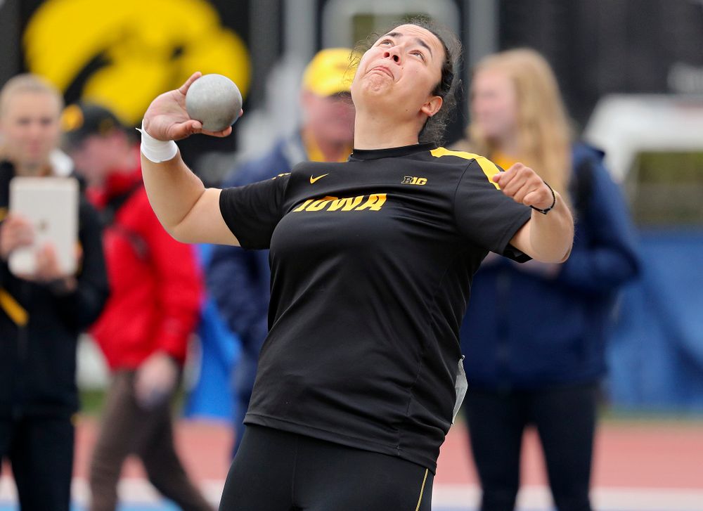 Iowa's Konstadina Spanoudakis throws in the women’s shot put event on the second day of the Big Ten Outdoor Track and Field Championships at Francis X. Cretzmeyer Track in Iowa City on Saturday, May. 11, 2019. (Stephen Mally/hawkeyesports.com)