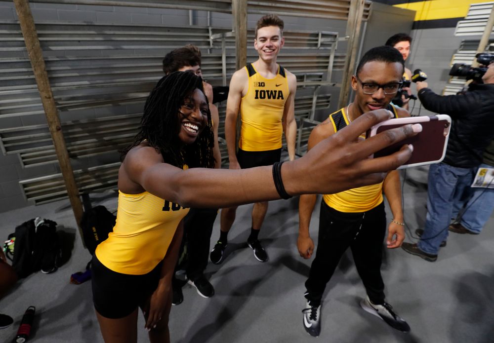 Jahisha Thomas and Mar'Yea Harris during the team's media day Wednesday, January 10, 2018 at the indoor track in the Recreation Building. (Brian Ray/hawkeyesports.com)